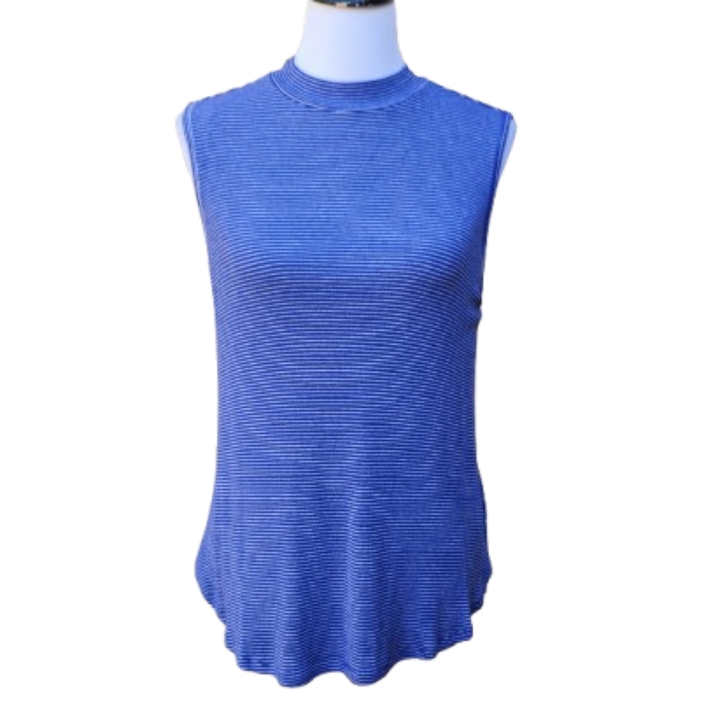 Sonoma Mockneck Knit Sleeveless Top Blue Striped Comfy Stretch Side Seam Detail